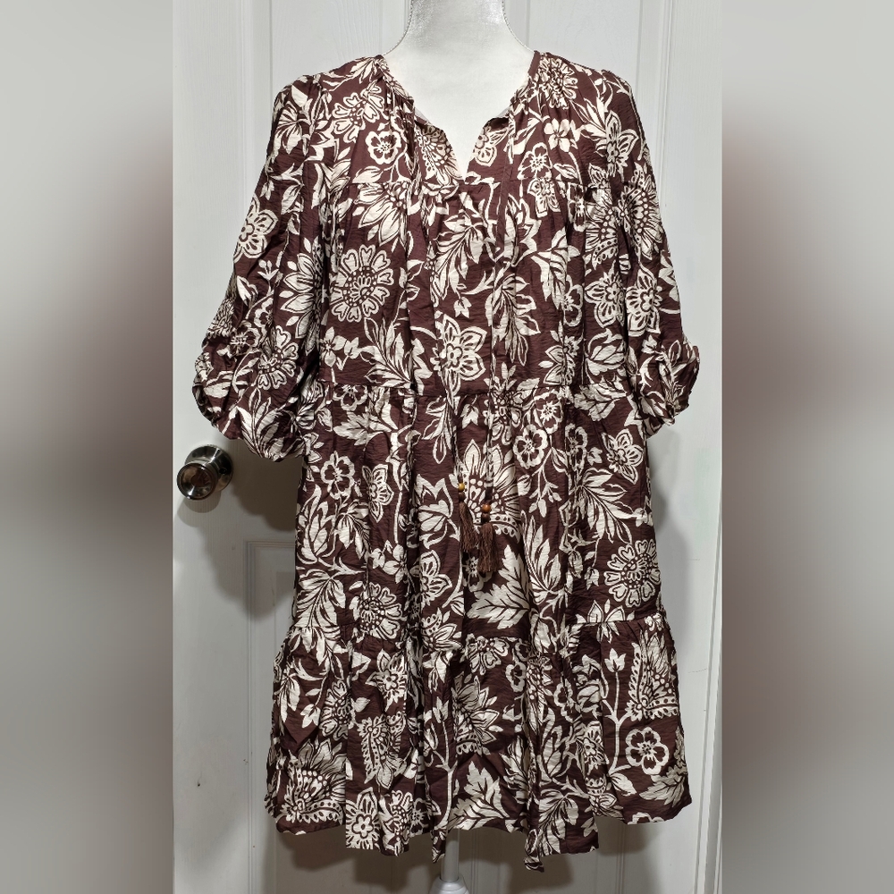 Oddi Floral Brown & Cream Boho Babydoll Dress